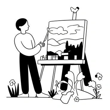 A woman named "Sarah" is standing outdoors beside a large canvas on an easel. She is holding a paintbrush in one hand while the other hand gently rests on the frame of the canvas. The canvas displays an expansive landscape scene with hills, trees, and a sky filled with clouds. Various paint tubes and brushes are arranged on a nearby table. The setting includes a field of grass and a few wildflowers surrounding her. A gentle breeze stirs the air, causing some loose papers to flutter nearby.