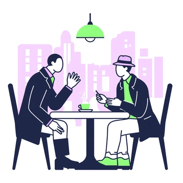 Two detectives are seated at a small round table in a dimly lit café. One detective, wearing a dark trench coat, leans in closer, gesturing with his hand as he speaks. The other detective, with a fedora hat tilted slightly, listens intently while taking notes on a notepad. A steaming cup of coffee sits in front of each detective on the table. The background features soft, blurred shapes of tables and chairs, creating an intimate atmosphere. A single pendant lamp hangs above them, casting a warm glow on their faces.