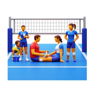 A volleyball player sitting on the court receiving first aid after a minor injury. The player is wearing a team jersey and shorts, with knee pads on. A trainer is applying a bandage to the player's knee. The court is marked with lines, and a volleyball net is visible in the background. Teammates are gathered around, showing concern. There are water bottles and towels nearby on the sidelines. The atmosphere conveys a sense of care and support.