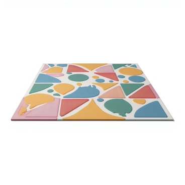 A colorful mosaic floor featuring a variety of geometric patterns, including triangles, squares, and circles. The tiles are vibrant, displaying a range of colors such as bright reds, deep blues, sunny yellows, and lush greens. The intricate designs are perfectly aligned, creating a harmonious visual effect across the entire surface. The floor is evenly lit, highlighting the texture and sheen of each tile, inviting viewers to admire the craftsmanship and detail of the mosaic.