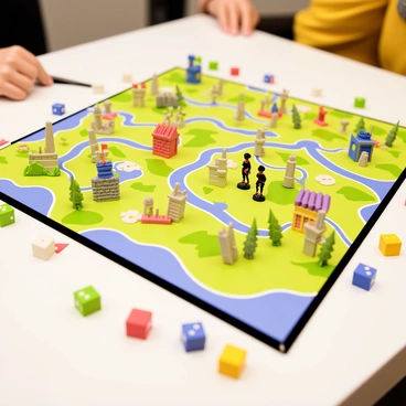 A board game set on a tabletop featuring a colorful game board depicting a historical battle scene. The board is divided into squares with detailed illustrations of terrain such as hills, forests, and rivers. Tiny plastic soldiers in various poses are positioned strategically across the board, representing different armies. There are miniature forts made of bright-colored plastic, showcasing flags and battlements, placed at key locations. Dice and game pieces in vibrant colors are scattered around the board, ready for play.