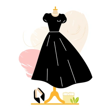 A vintage dress form showcasing a "1950s inspired black dress" with a "full skirt." The dress features a fitted bodice with delicate cap sleeves and a wide, flowing hem that extends outward. The fabric has a subtle sheen, enhancing the elegant silhouette. The dress form is positioned on a wooden stand, with a rustic backdrop that includes soft pastel colors, evoking the charm of the era. A few accessories, such as a pearl necklace and a pair of classic black heels, are placed nearby to complement the dress.