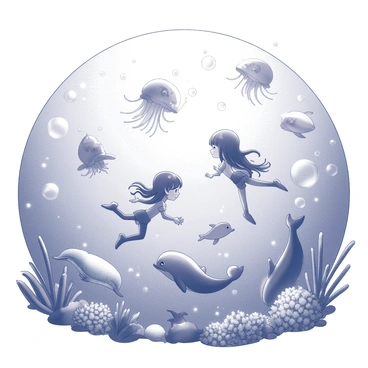 A vibrant underwater scene featuring characters swimming gracefully among various sea creatures. The characters are depicted in fluid motion, with flowing hair and limbs, surrounded by fantastical creatures like large, luminescent jellyfish, playful dolphins, and uniquely shaped fish with intricate patterns. The water is filled with various plant life, including waving seaweed and clusters of coral in different textures. Bubbles rise around the characters as they explore their environment, creating a sense of depth and movement in the composition. The light filtering through the water adds a shimmering effect to the scene.