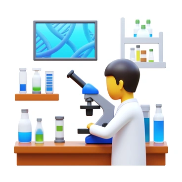 A scientist wearing a white lab coat is peering into a microscope. The microscope is placed on a wooden laboratory table. Above the microscope, there is a digital display showcasing magnified DNA strands. The DNA strands are depicted in vibrant colors like blue and green, spiraling in a double helix structure. The scientist has short, dark hair and is focused intently on the microscope. Various laboratory equipment and glassware are visible in the background.