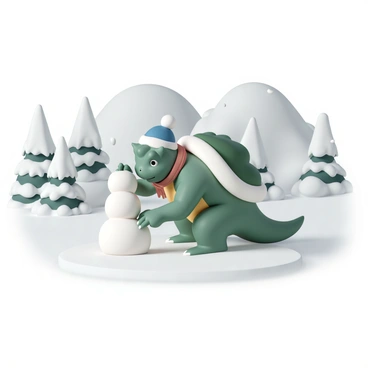 Bowser, the large green turtle-like character with a spiked shell, is bent down, carefully stacking a large snowball on top of another to build a snowman. He is wearing a red scarf around his neck and a blue winter hat with a white pompom. The snowy winter landscape around him features tall pine trees dusted with snow, and snowflakes gently falling from the gray overcast sky. In the background, a few small hills are covered in thick layers of snow, creating a serene winter scene. Bowser has a focused expression as he shapes the snowman, while a few snowflakes settle on his armored shell.