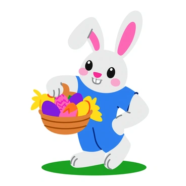 A bunny with fluffy white fur wearing a bright blue superhero costume featuring a yellow emblem on the chest. The bunny stands upright and holds a colorful basket filled with various decorated eggs. The basket is overflowing with eggs in shades of pink, purple, and yellow, each adorned with playful patterns. The bunny's large ears are perked up, and it has a joyful expression, showcasing its large front teeth. The scene is set against a simple grassy background to highlight the colorful details of the bunny and the basket.