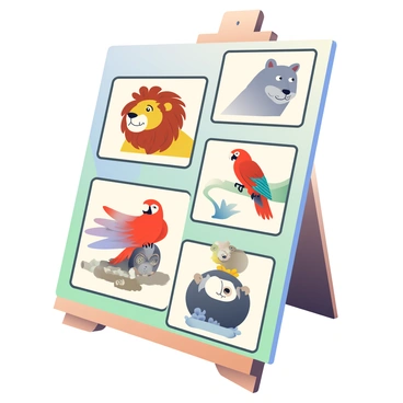 A wooden illustration board is positioned upright, displaying a series of realistic animal portraits. The portraits include a majestic lion with a thick mane, an elegant gray wolf with piercing eyes, and a vibrant red parrot perched regally. A curious otter is depicted playfully floating on its back, while a wise old owl is shown with intricate feather detail. Each portrait is framed with a thin black border, creating a cohesive look. The background features a soft gradient that transitions from light blue at the top to a gentle green at the bottom, enhancing the focus on the animal portraits.