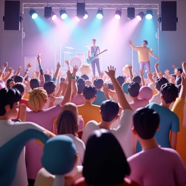 A vibrant concert scene is unfolding with a large crowd of people, each expressing joy and excitement. Various individuals are seen dancing, clapping, and singing along. Some are holding up their phones to capture the moment, with bright lights illuminating the stage. The performers, a band, are energetically playing their instruments, with the lead singer engaging the audience. The crowd is diverse, featuring people of different ages and styles, all united in their enjoyment of the live music.