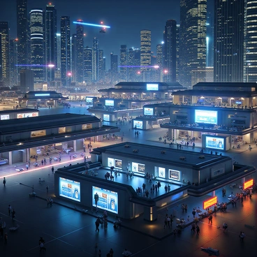 A bustling spaceport seamlessly integrated into a modern cityscape, featuring sleek skyscrapers and vibrant urban life surrounding it. The spaceport has multiple docking bays filled with various spacecraft, some sleek and futuristic while others are larger and more industrial in appearance. Spaceships are actively docking and departing, leaving trails of light as they ascend into the sky. The area is bustling with people, including travelers in casual attire and workers in uniforms. Bright digital screens display information about arrivals and departures, adding to the high-tech atmosphere. The city is illuminated by colorful lights reflecting off glass surfaces, creating a lively ambiance against the backdrop of the night sky.