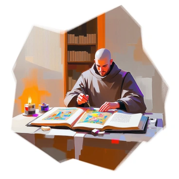 A medieval monk with a shaved head and a brown robe is sitting at a wooden desk, carefully illuminating a large manuscript. He is holding a fine brush in one hand and delicately applying vibrant colors and gold leaf to the intricate designs on the page. The manuscript features ornate patterns and illustrations, showcasing scenes of nature and religious iconography. The desk is cluttered with various tools like quills, ink pots, and a small candle providing soft light. An open book rests nearby, and shelves filled with additional manuscripts line the background.
