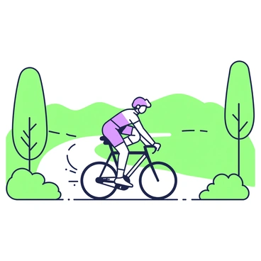 A lively line drawing of a cyclist speeding down a country road
