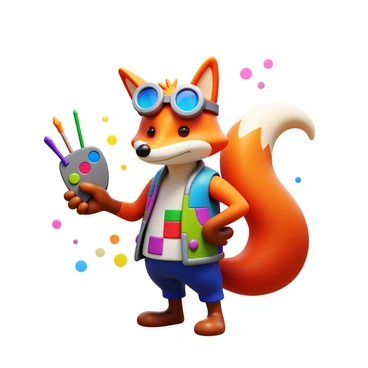 A unique character design featuring a whimsical, anthropomorphic fox with vibrant orange fur. The character wears eclectic clothing, including a patchwork vest and oversized goggles perched atop its head. It holds a set of artist's tools, such as paintbrushes and a palette, in one hand. The fox's tail is bushy and expressive, curling playfully behind it. The character stands confidently in a posed manner, suggesting creativity and adventure. The background is filled with splashes of color, reminiscent of an artist's workspace, enhancing the focus on the character's individuality.