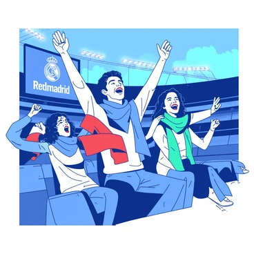 A group of famous celebrities is seated together in the stands of a large stadium, enthusiastically showing support for Real Madrid. Each celebrity is wearing a distinct team scarf, prominently displaying the team's colors. The first celebrity, a tall man with dark hair, has a blue scarf wrapped around his neck and is raising his arms in excitement. Beside him, a woman with long blonde hair wears a red scarf and is smiling broadly while holding a foam finger. Another celebrity, with short curly hair, sports a teal scarf and is cheering loudly, capturing the vibrant atmosphere of the game. Bright stadium lights illuminate the scene, and a large screen in the background showcases the Real Madrid logo.