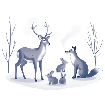 A group of animals gathered in a snowy landscape during winter. There are a deer standing on the left, its breath visible as vapor in the cold air. On the right, a fox sits with its tail curled around its body, exhaling clouds of vapor. In the background, a few rabbits are huddled together, their breath also forming distinct puffs in the chilly atmosphere. The ground is covered in a thick layer of snow, and the trees surrounding them are bare, adding to the wintry scene.