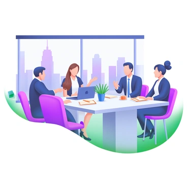 A modern pastel illustration featuring a group of business people sitting around a sleek, rectangular conference table. The individuals, consisting of three men and two women, are dressed in professional attire. One woman is speaking and gestures with her hand while others listen attentively. A laptop and a few notebooks are placed on the table, along with a cup of coffee and a potted plant in the center. Large windows allow natural light to fill the room, highlighting a vibrant cityscape in the background.