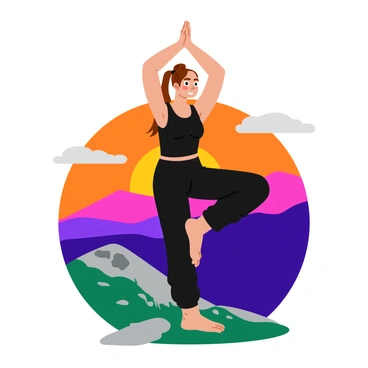 A woman in a fitted black yoga outfit is performing a tree pose on a rocky mountain top. Her long hair is pulled back in a ponytail, and she has a focused expression on her face. The sunrise in the background casts vibrant shades of orange, pink, and purple across the sky, illuminating the surrounding peaks. The mountain top is dotted with small patches of green grass and scattered stones. The woman's arms are raised above her head, with one leg bent, her foot resting against her inner thigh. The sun is just peeking over the horizon, creating a warm glow around her silhouette.