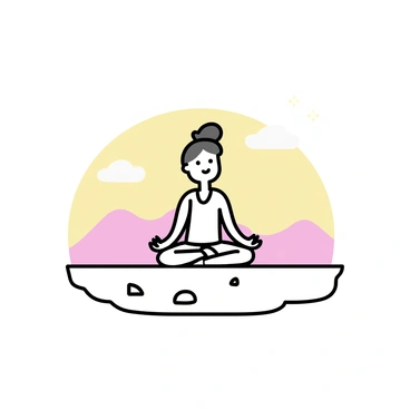 A person sitting in a cross-legged yoga pose on a flat plateau. The individual is wearing a light-colored, loose-fitting outfit. The sunrise casts warm orange and pink hues across the sky, illuminating the surrounding landscape. Soft grass covers the surface of the plateau, and distant mountains are faintly visible against the dawn sky. There are a few scattered rocks nearby, completing the tranquil scene.