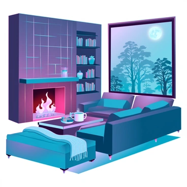 A cozy living room with soft, ambient lighting. A crackling fireplace emits a warm glow, casting flickering shadows across the room. The walls are adorned with wood paneling and there are bookshelves filled with neatly arranged books. Plush, comfortable sofas are arranged around a central coffee table, topped with a steaming cup of hot cocoa. A thick, knitted blanket is draped over one of the sofas. A large window reveals the silhouette of trees outside, illuminated by the moonlight. In the corner, a tall potted plant adds a touch of greenery to the inviting space. A soft rug covers the floor, enhancing the warmth of the scene.