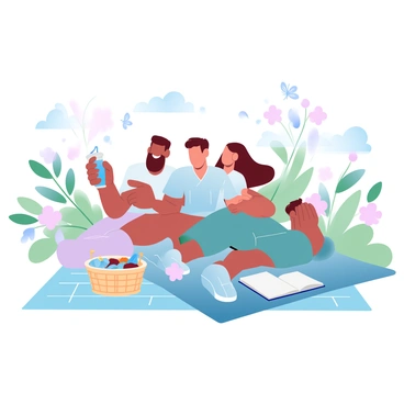A small group of friends is sitting together on a picnic blanket in a blooming garden. There are three friends: one is holding a refreshing drink, another is laughing while gesturing, and the third is lying back on the blanket with an open book. Surrounding them are various colorful flowers in full bloom, with greenery creating a lush backdrop. Delicate butterflies are fluttering around, and a soft breeze rustles the leaves of nearby trees. A picnic basket filled with snacks sits beside them, adding to the relaxed atmosphere of the gathering.