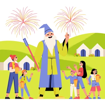 Gandalf, a tall wizard with a long white beard and a pointed hat, is standing in the lush green hills of the Shire. He is holding a large wand in one hand, with a joyful expression on his face. In front of him, colorful fireworks are bursting in the sky, showcasing vibrant shades of red, blue, and gold. Hobbits of all ages are gathered around, with smiles on their faces, enjoying the festive atmosphere. Some are holding lanterns, while others are dancing and clapping. The background features cozy hobbit homes with round doors and windows, along with blooming flowers in the gardens, creating a lively festival scene.