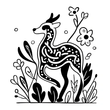 A mythical creature with intricate and flowing patterns adorning its body, surrounded by swirling decorative elements. The creature has elongated limbs and a graceful posture, with features inspired by various animals. It stands amidst stylized plants and flowers that mirror the complexity of its design. Various patterns accentuate the creature's form, creating a harmonious blend with its natural surroundings. The entire composition emphasizes the delicate interweaving of the creature and its environment.