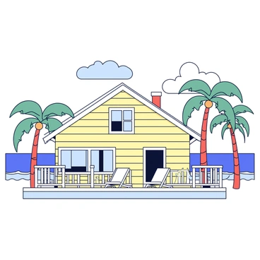 A beachside house with a facade featuring wooden shingles in a light beige color. The house has a wraparound porch that extends around the front, showcasing white railings. On the porch, there are two comfortable chairs facing towards the ocean, inviting relaxation. The ocean is visible in the background, with gentle waves lapping at the shore. Palm trees are positioned nearby, framing the scene and adding a tropical feel. The sky is clear with a few fluffy clouds, and there is soft sunlight illuminating the house.