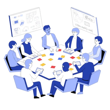 A team is participating in an IBM design thinking workshop. They are gathered around a large table filled with colorful sticky notes scattered across its surface. Some members are actively writing on the sticky notes while others are discussing ideas. In front of them, there are various sketches pinned on a wall, showcasing different design concepts. A whiteboard nearby contains brainstorming notes and diagrams, capturing the essence of their collaborative process. Laptops are open, and a few team members are typing, contributing to the ongoing discussion. The atmosphere is focused and dynamic, reflecting the energy of the workshop.