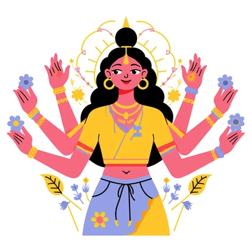 A portrait of "Maa Durga" with a serene expression. She has multiple arms, each holding various symbolic items. The background is filled with "abstract patterns" in "bright colors" like orange, blue, and pink. Each arm is adorned with intricate jewelry, and her eyes convey strength and compassion. Floral motifs are interwoven around her figure, enhancing the vibrant composition.