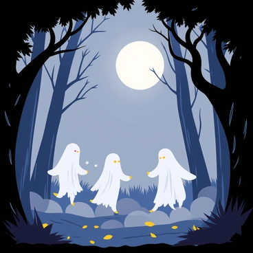 Transparent ghostly figures drifting through a dense forest shrouded in mist. The trees have twisted branches silhouetted against a bright, full moon casting a soft glow. The ground is covered with layers of fallen leaves and patches of fog swirl around the feet of the figures. The atmosphere is ethereal, with faint wisps of light seemingly emanating from the ghostly forms as they move gracefully among the trees. The scene captures a sense of mystery and enchantment.