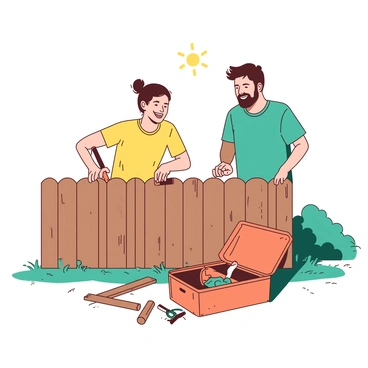 On a sunny afternoon, two neighbors are working together to fix a wooden fence. One neighbor, wearing a yellow shirt, is holding a hammer, while the other neighbor, dressed in a teal t-shirt, is measuring a wooden plank. They are both smiling, sharing a moment of laughter as they collaborate on the project. Nearby, an orange toolbox is open, revealing various tools scattered around. The bright sun casts soft shadows on the grass, highlighting the cheerful atmosphere of cooperation.