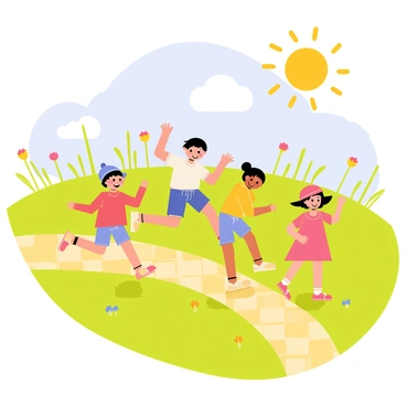 A group of children with bright smiles are joyfully skipping along a "yellow brick road" that winds through a "sunny meadow." The children are wearing colorful clothing, with one boy in a red shirt and blue shorts, and a girl in a pink dress with a matching hat. They are surrounded by "green grass" that stretches to the horizon, dotted with "colorful wildflowers." The sun is shining brightly in a clear blue sky, casting warm rays of light over the scene, enhancing the vibrant colors of the meadow.