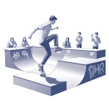 A young man named Adam is performing tricks on a skateboard at a skatepark. He is in mid-air executing an impressive kickflip, with one foot elevated above the board. The skatepark features ramps, grind rails, and various obstacles, all surrounded by graffiti-covered walls. In the background, several spectators are watching, some cheering and others taking pictures. The sun casts distinct shadows on the concrete surface, highlighting the action. The scene captures the energy and excitement of a lively urban environment.