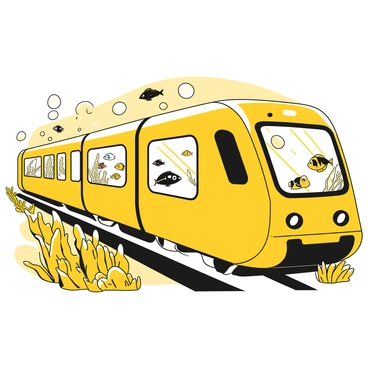 A sleek train traveling through the underwater world, featuring elongated windows on both sides. Inside the windows, various fish species can be seen swimming gracefully past. There are colorful clownfish, elegant angelfish, and swift barracudas in motion. The train's design is streamlined and modern, with a smooth exterior. Bubbles rise from the train as it moves forward, creating a sense of motion in the marine environment. The surrounding water is filled with coral formations and seaweed, adding to the undersea scenery.