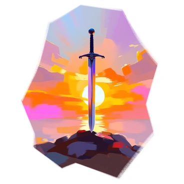 A lone sword standing upright, its hilt adorned with intricate designs, is firmly planted in the ground. The blade reflects the warm colors of the setting sun, casting a long shadow on the earth below. The sky is painted in brilliant hues of orange, pink, and purple, creating a dramatic backdrop. The silhouette of the sword contrasts sharply against the vibrant sunset, emphasizing its solitary presence in the scene. A few scattered clouds catch the sunlight, adding depth to the sky.