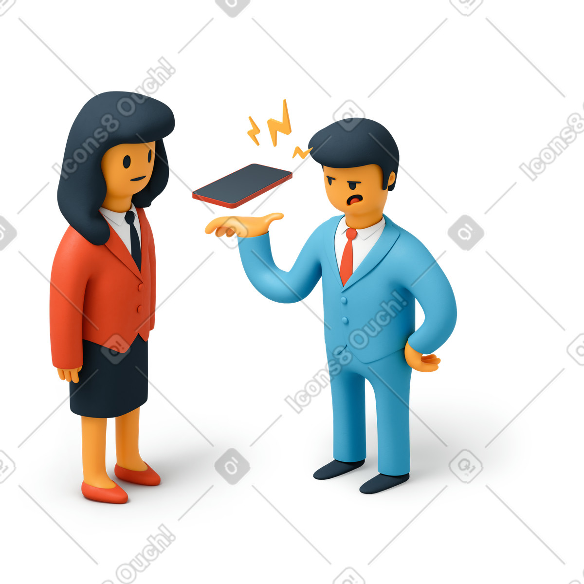 Geschäftsfrau und geschäftsmann erhalten einen wichtigen anruf-Illustration im 3D Flame-Stil als Download in PNG, SVG