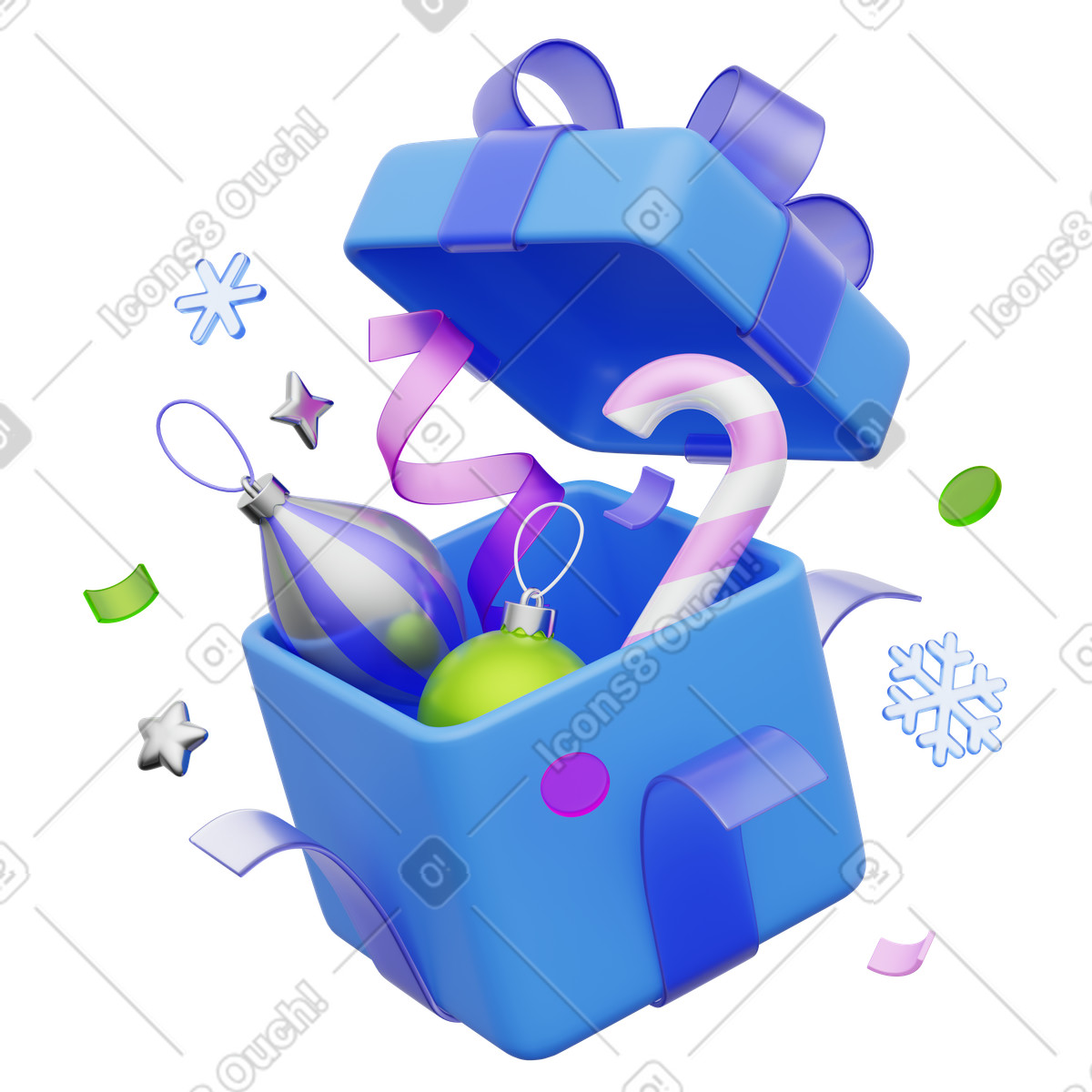 Open present with festive ribbons and baubles, Seasonal gift giving illustration in 3D Playful style download in PNG, SVG