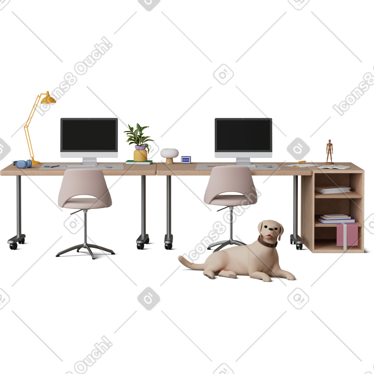 Ilustración Vista frontal del escritorio de oficina estudio arte y perro. en estilo 3D Hygge a descargar en PNG SVG