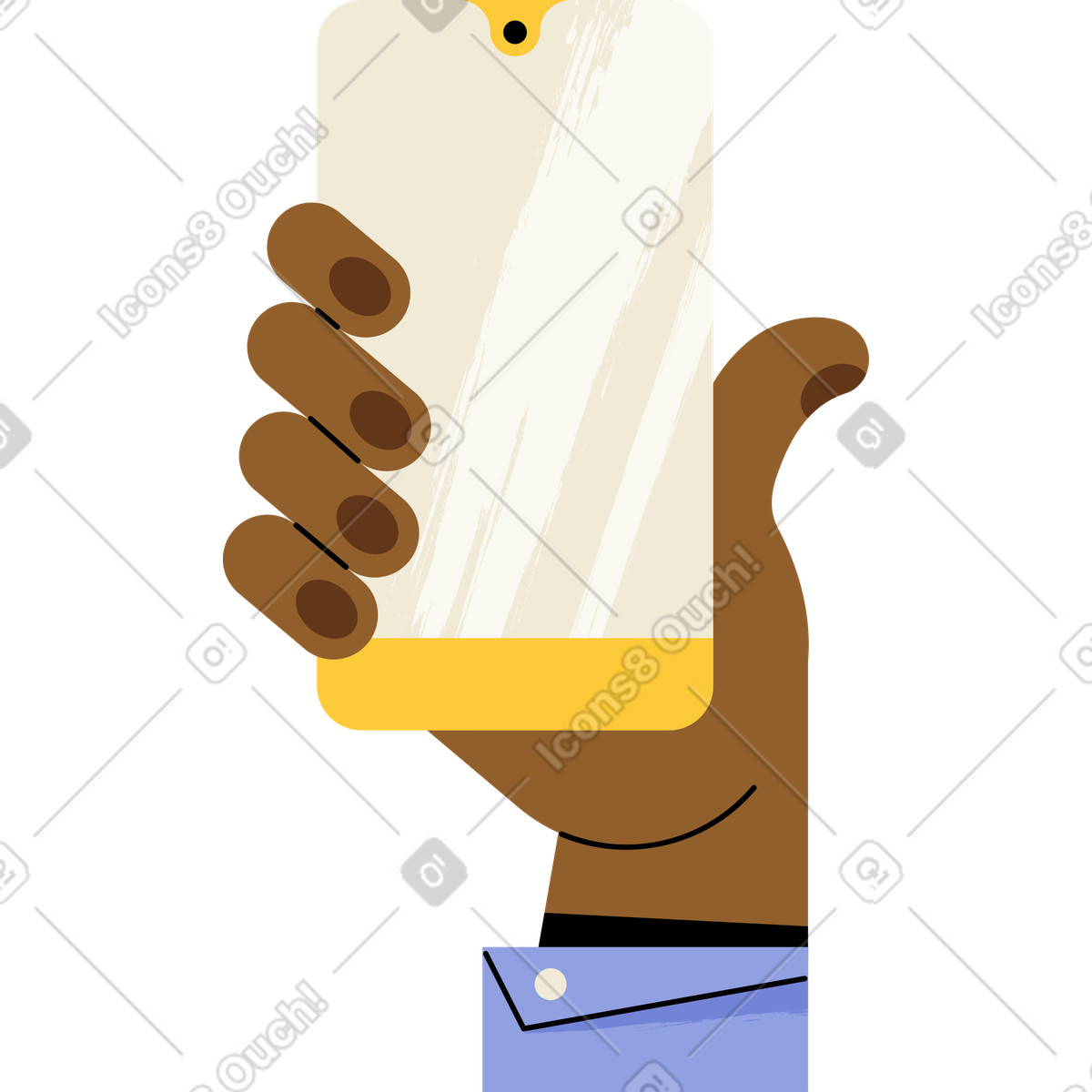 Dark hand holding mobile phone with blank screen illustration in Juicy style download in PNG, SVG