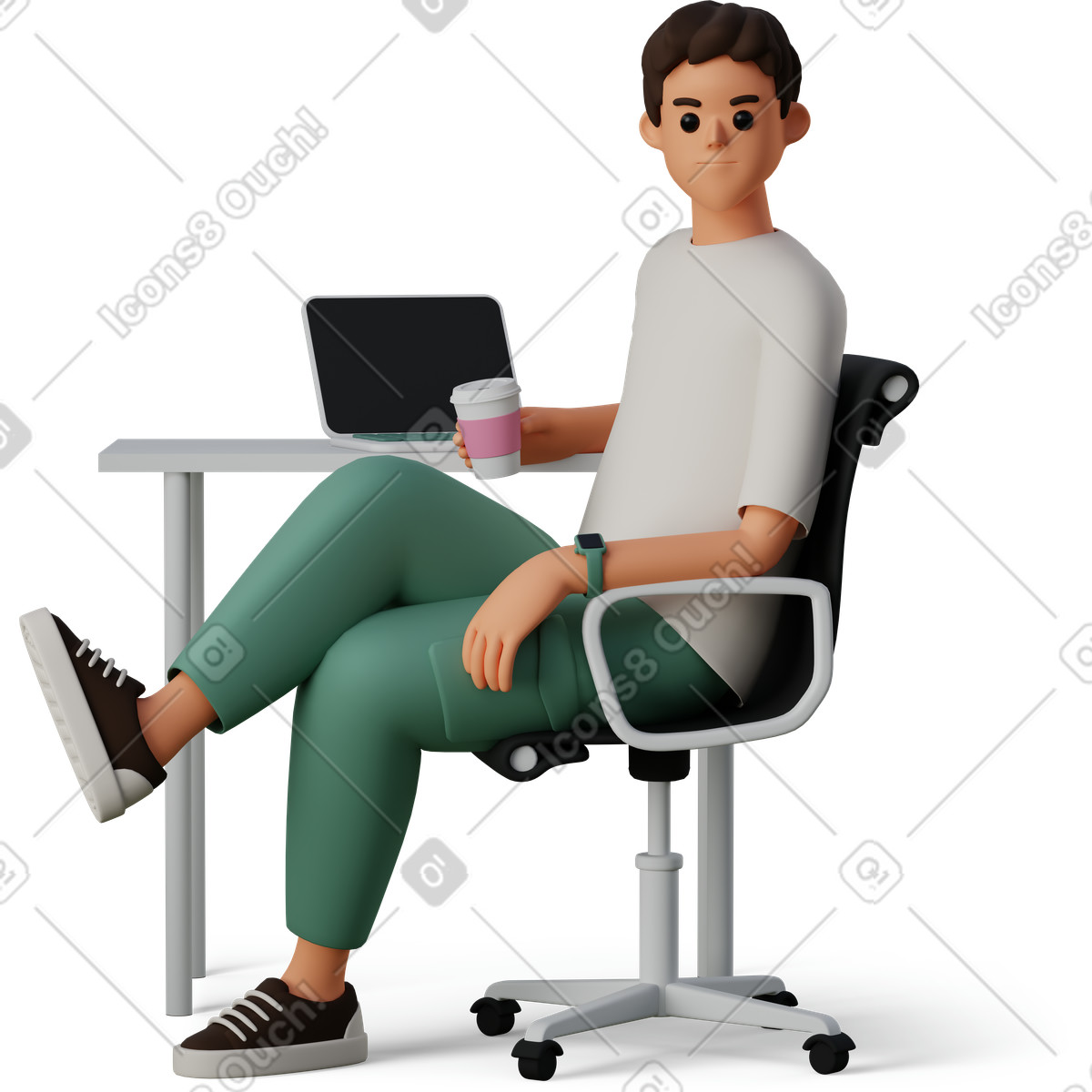 3D Casual life スタイルの Young man at workplace with coffee のイラストをPNG、SVG形式でダウンロード