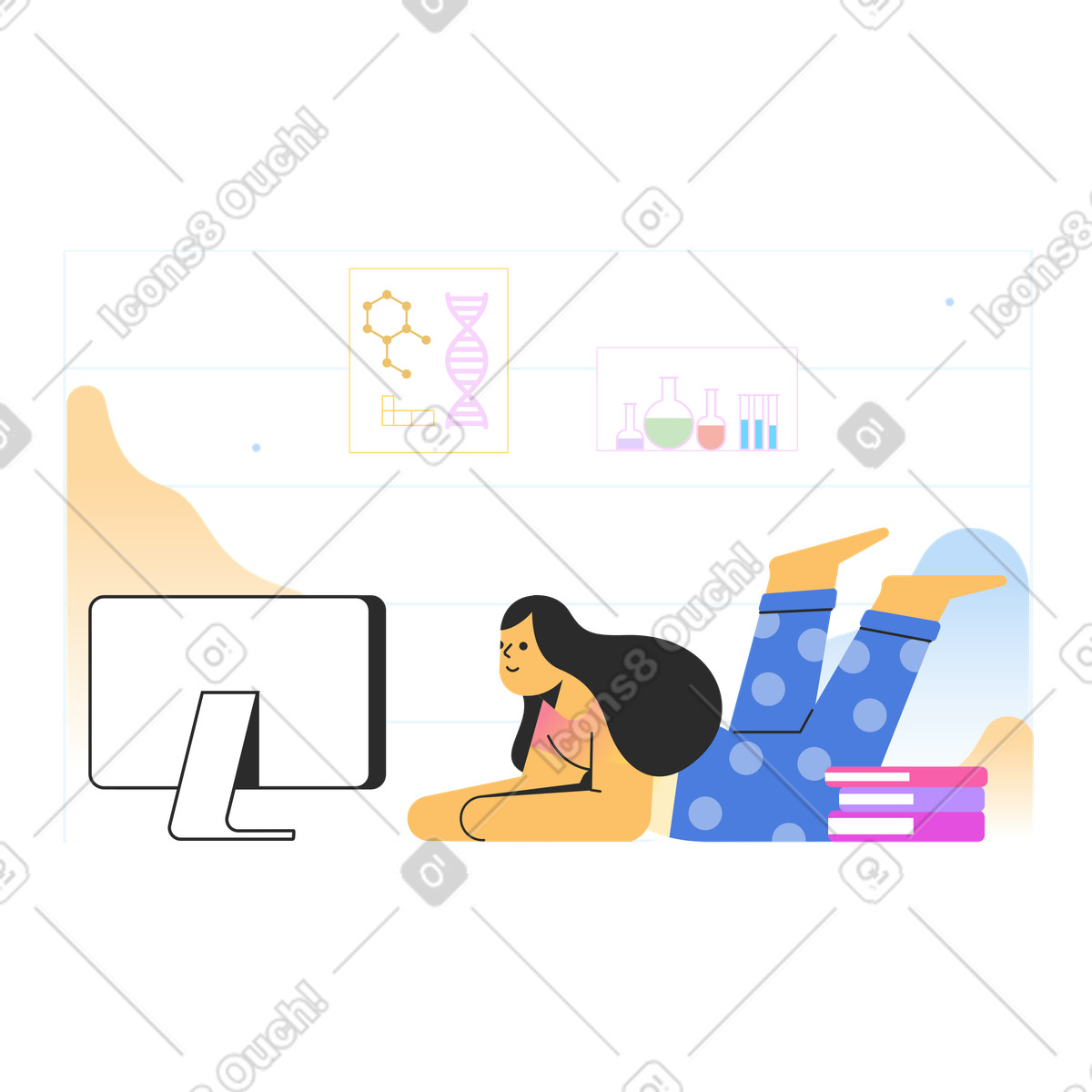 Studying chemistry online illustration in Marginalia style download in PNG, SVG