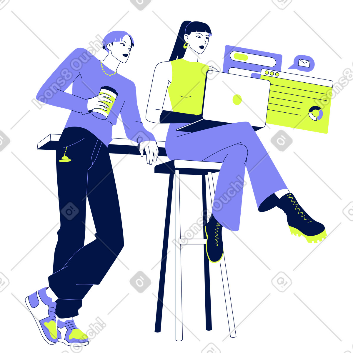 Glow スタイルの Colleagues working with digital tools, Brainstorming and project planning のアニメーションイラストをGIF、Lottie (JSON)、AEでダウンロード
