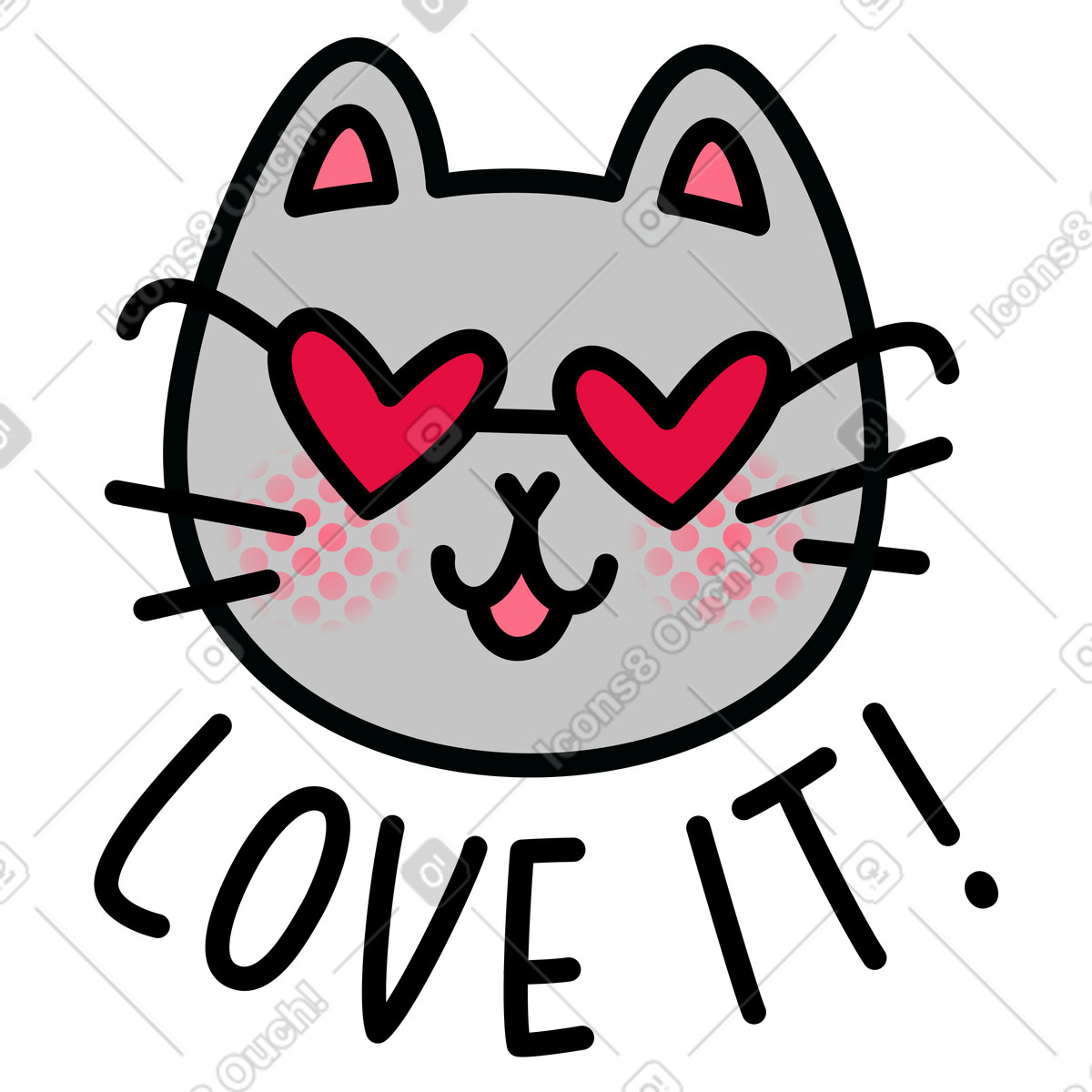 Illustration Autocollant avec chat dans des lunettes en forme de coeur texte j'adore ! le style Purrfect à télécharger aux formats PNG, SVG
