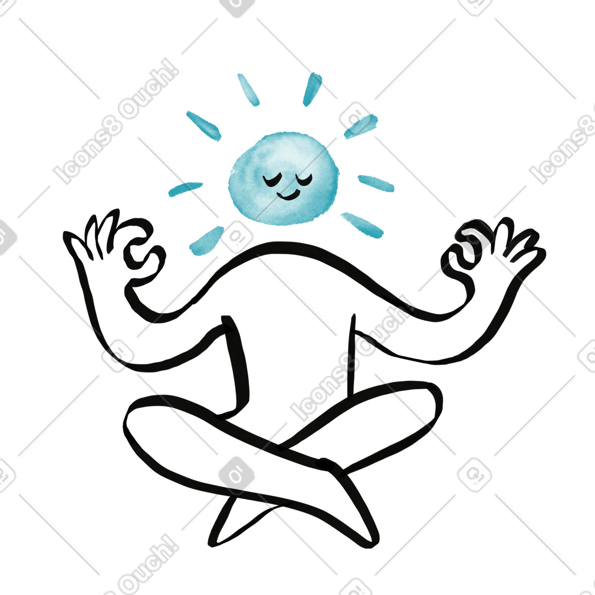 Ilustração de Meditation pose with relaxed figure and radiant smiling watercolor head em no estilo sketch para baixar em PNG, SVG