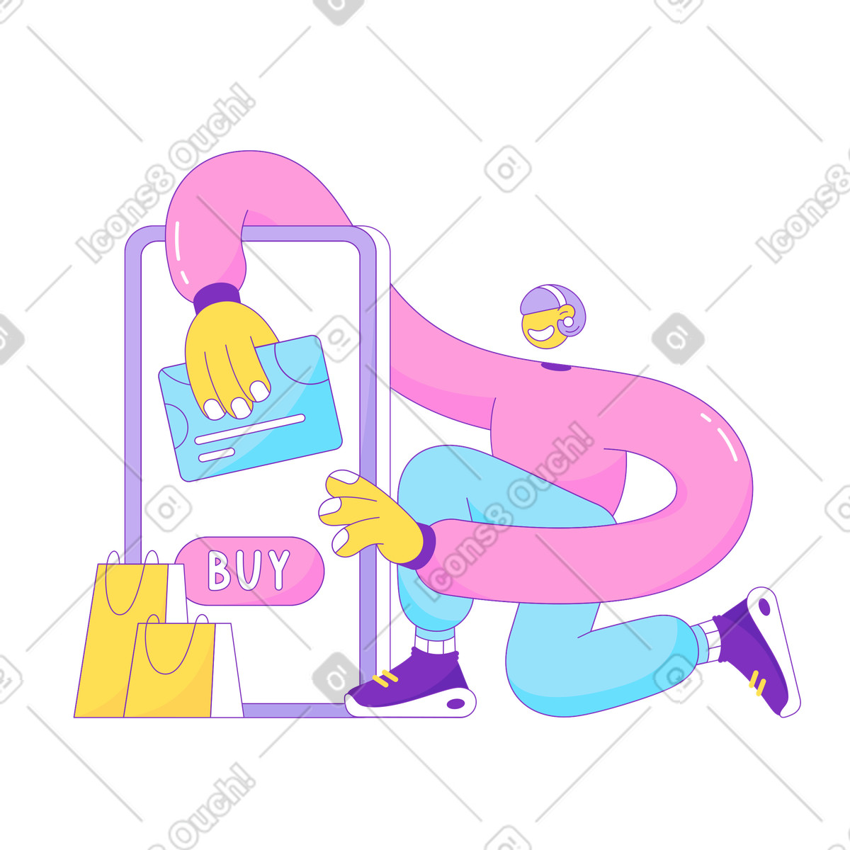 Illustration Fille avec une carte bancaire fait un achat en ligne sur son téléphone portable dans le style Elastic à télécharger aux formats PNG, SVG