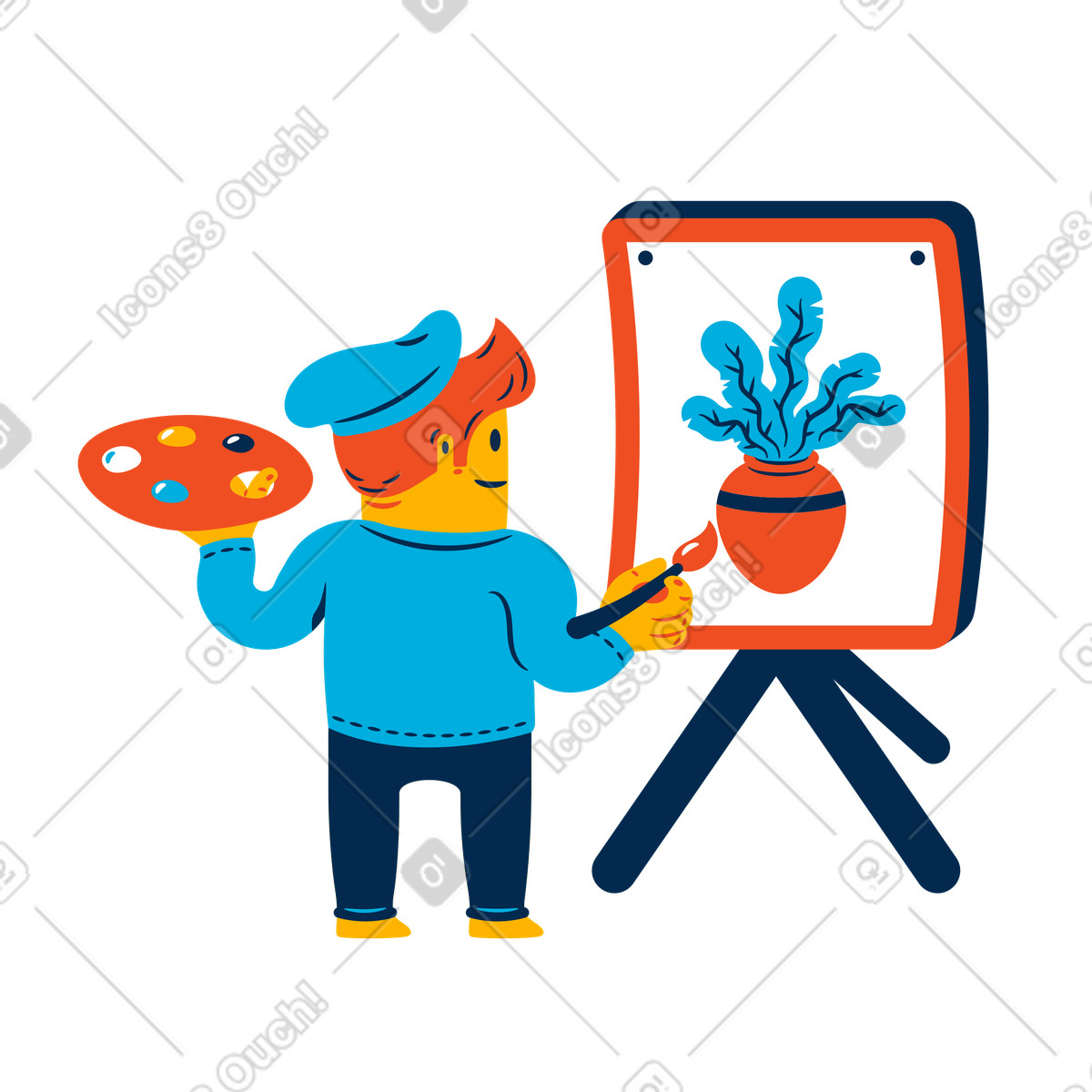 Illustration Artiste peignant une plante en pot sur toile dans le style Flame à télécharger aux formats PNG, SVG