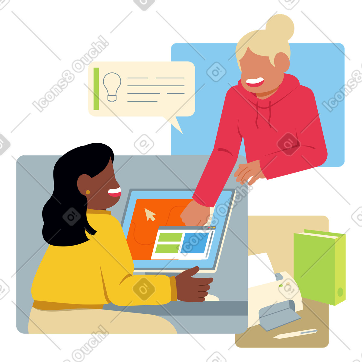 Colleghe che lavorano insieme da remoto illustrazione in stile Catchy scarica in PNG, SVG