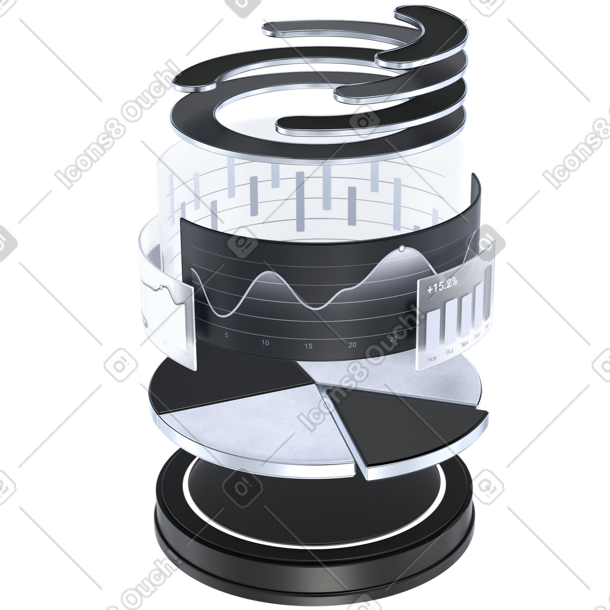 Ilustración Dashboard circular analytics platform showing layered business data performance metrics en estilo 3D Pro a descargar en PNG y SVG