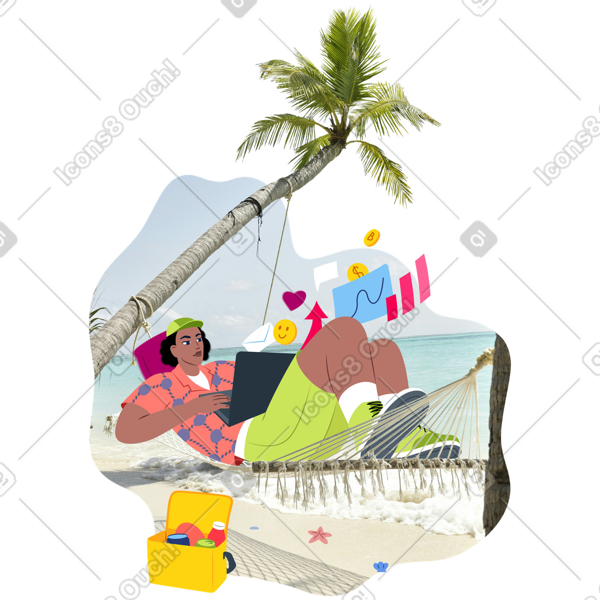 Young man working remotely on the beach animated illustration in Everyday style download in GIF, Lottie (JSON), AE