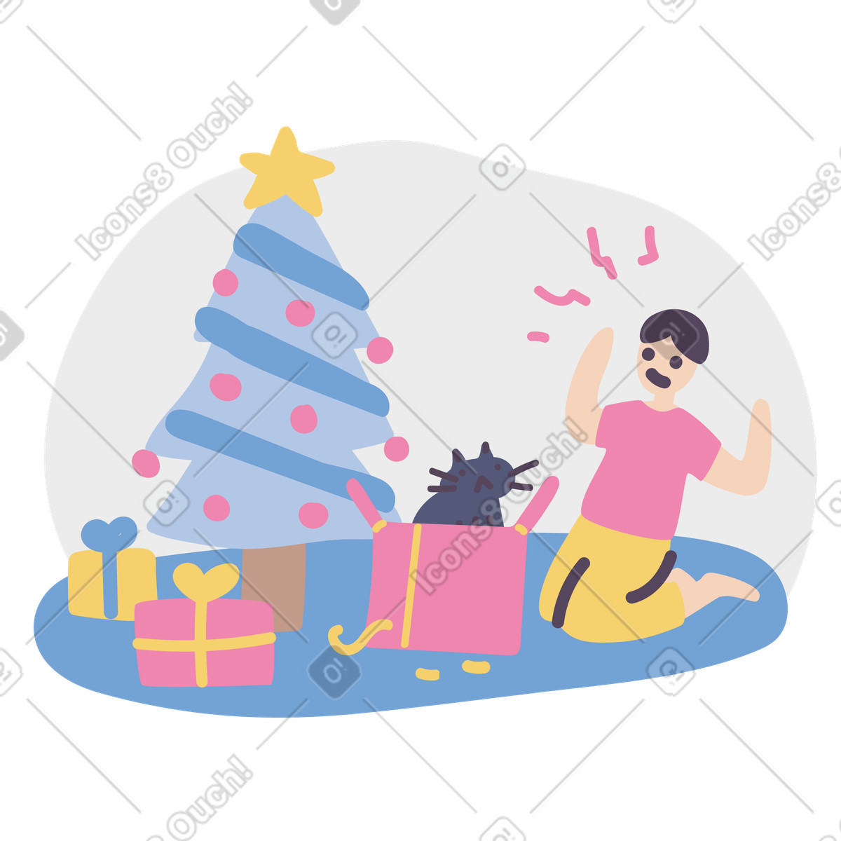 Boy scared of a cat in gift box illustration Pluto style download PNG, SVG