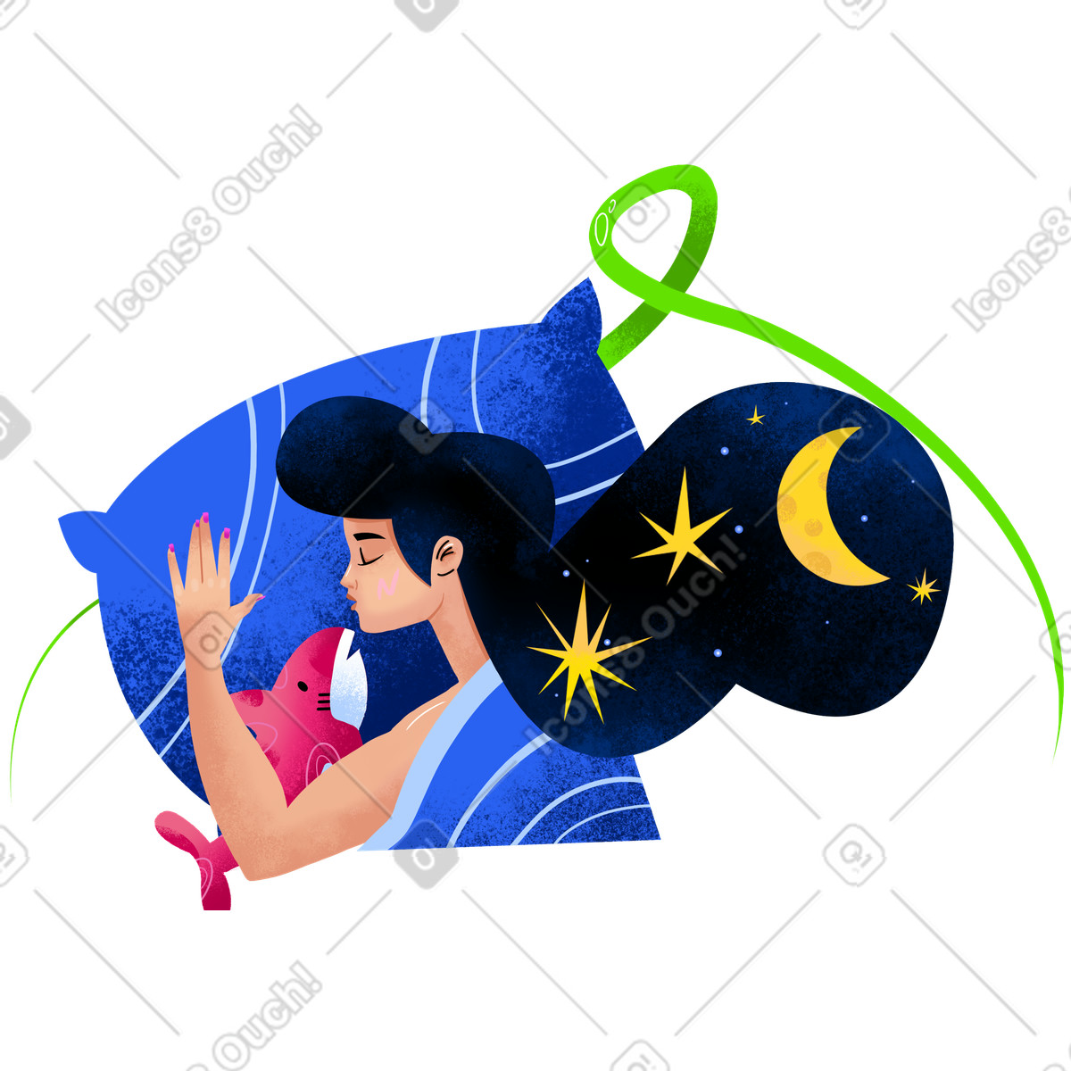 Illustration Fille dormant sur un oreiller avec jouet de requin dans le style Flare à télécharger aux formats PNG, SVG